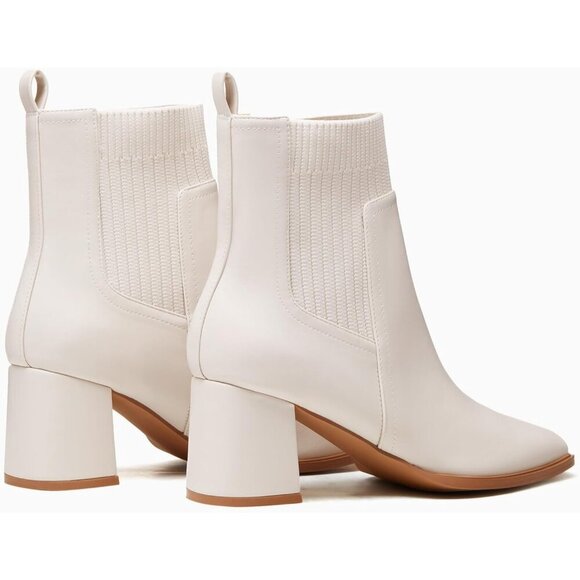 Women\'s Cream Slip-On Ankle Boots Chunky Block Heel Square Toe Dress Booties